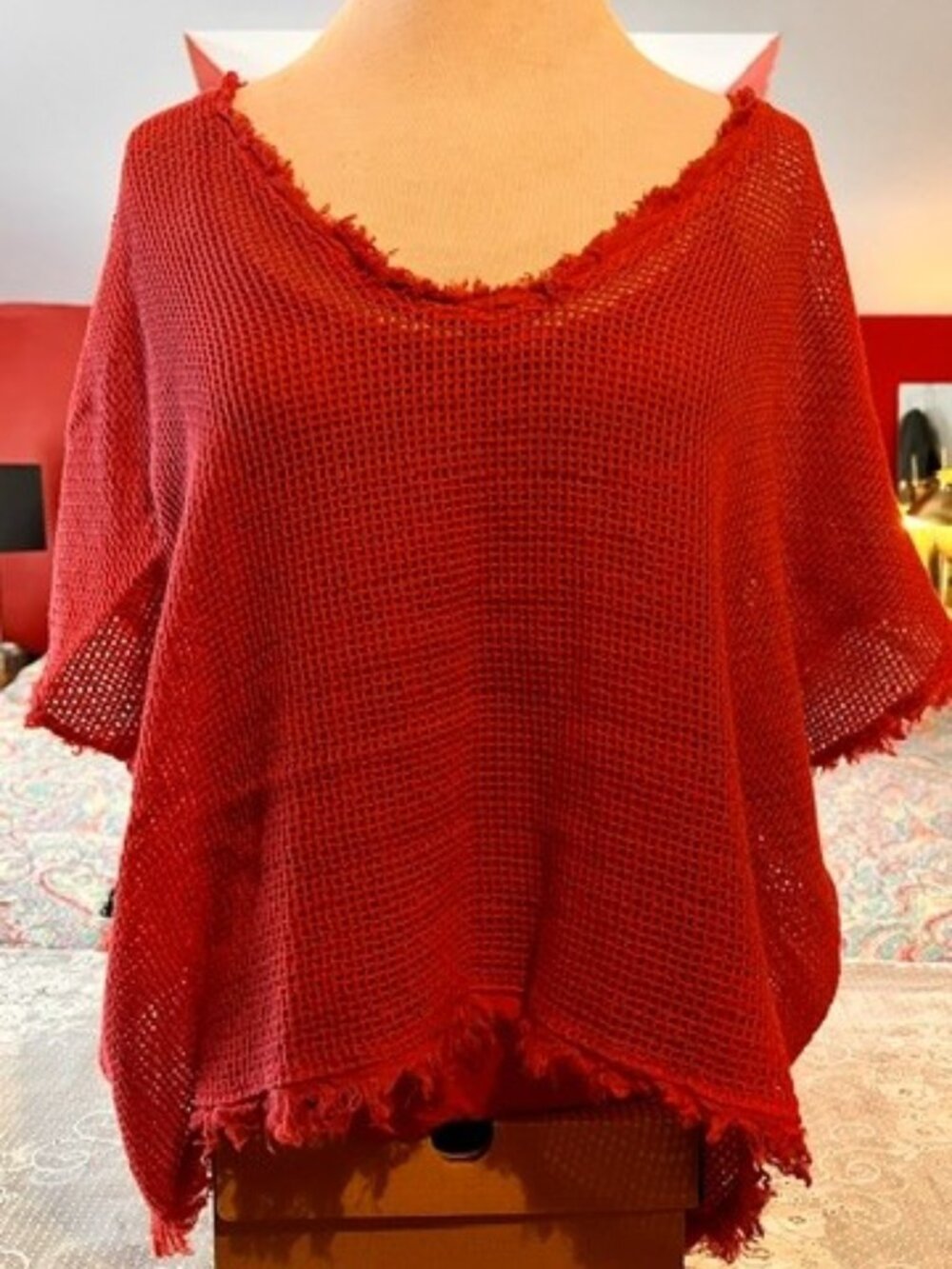 Made in Italy Coral Open Knit Frayed Poncho Top Size S
